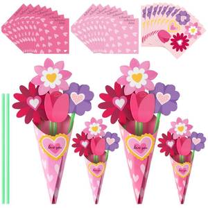 lot 8545 image: BeYumi Flower Bouquet Craft Kit - 24Pcs Valentines Day Pink Flower Bouquet Craft Kit for Kids Make Your Own Heart Floral Valentines Day DIY Gift School Classroom Home Fun Activities