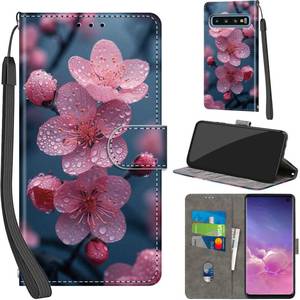 lot 8548 image: Salanheo Case Wallet for Samsung Galaxy S10, with 3 Card Slots, Kickstand Magnetic Closure PU Leather Shockproof Protective Flip Cover 6.1, Peach Blossom