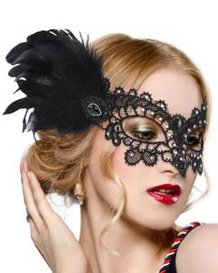 lot 8555 image: Zinniday Black Feather Masquerade Masks - Halloween Lace Mask with Black Shiny Rhinestone for Women, 1920s 50s Antique Venetian Eyemask for Renaissance Cosplay Costume Party Carnival Prom