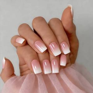 lot 8556 image: SXVME Press On Nails Medium Short Square - Ombre French Press on Nails with Glue for Women, White And Pink Fake Nails Press ons, Glossy Soft Gel Glue on Nails Coffin, Reusable Nail Stick Ons, 28 Pcs