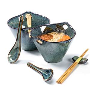 lot 8583 image: Henten Home 20 OZ Ramen Bowls Set, Ceramic Japanese Noodle Bowls Set of 2, Porcelain Deep Salad Bowl with Chopsticks for Udon, Reactive Glaze, Microwave Safe (Teal)