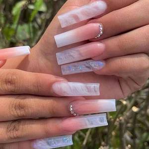 lot 8607 image: Ombre Pink White Press on Nails Long Square BAOYAALIN, Glitter Fake Nails with Rhinestones Design Gel Glue on Nails for Women Full Cover Acrylic Artificial False Stick on Nail for Wedding 24Pcs