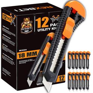 lot 8616 image: REXBETI 12-Pack Utility Knife, Retractable Box Cutter for Cartons, Cardboard and Boxes, 18mm Wider Razor Sharp Blade, Smooth Mechanism, Perfect for Office and Home use