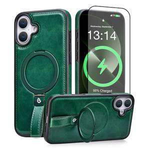 lot 8617 image: BUTAIGA for iPhone 17 Leather Case with Stand, Anti-Slip Grip Ring, Fits for MagSafe (Green, IP17-6.3inch)