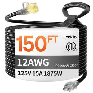 lot 8626 image: 12 Gauge 150 FT Heavy Duty Outdoor Extension Cord Waterproof with Lighted End,Black 12 Gauge Extension Cord Flexible and Cold Resistant 3 Prong Grounded Plug,15Amp 1875W SJTW ETL Listed
