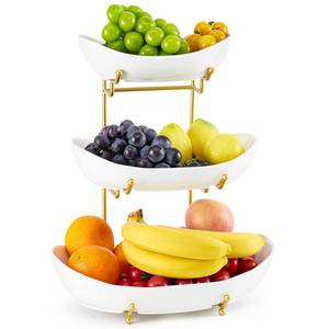 lot 8631 image: HOMKULA Ceramic Fruit Bowl for Kitchen Counter - 3 Tier Fruit Basket with Metal Stand, Tiered Fruit Stand for Countertop, Snack, Nuts, Cake, Dessert, Cute (Gold, Large) SMALL CHIPS