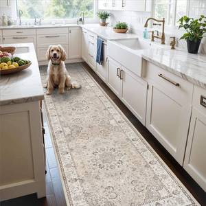 lot 8644 image: Hallway Washable Runner Rug - 3x10 Kitchen Rugs Entryway Rug Runner Vintage Soft Floor Mat Non Slip Indoor Farmhouse Carpet for Bathroom Living Room Bedroom (3 X 10, Beige)