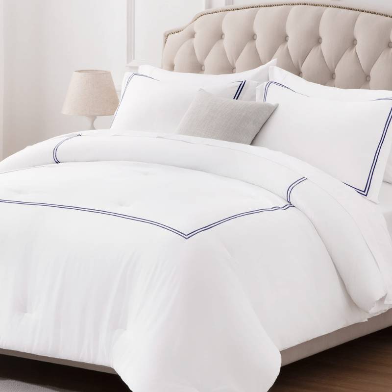 lot 8476 image: SLEEP ZONE Luxury Hotel Bedding Comforter Set 3-Piece Machine Washable, Lightweight Down Alternative Duvet Insert with Embroidered Stripes, King (106 x 95), Navy Strips