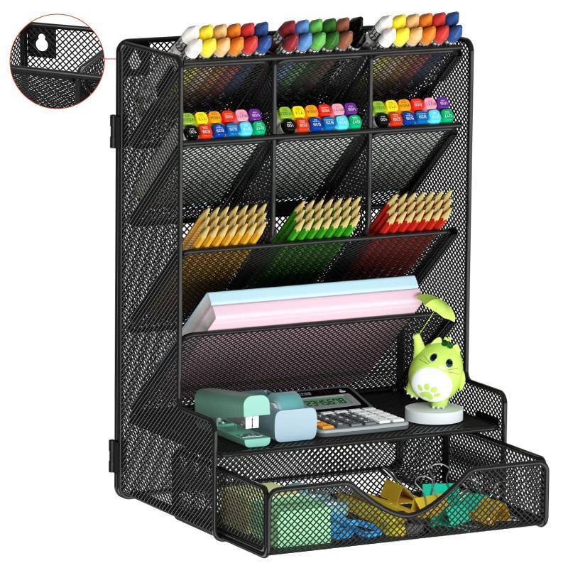 lot 2240 image: BOHDK Pen Organizer for Desk, Multi-Functional Desk Organizer, Wall Mount Pen Holder with Drawer for School, Office, Home, Art Supplies, Black