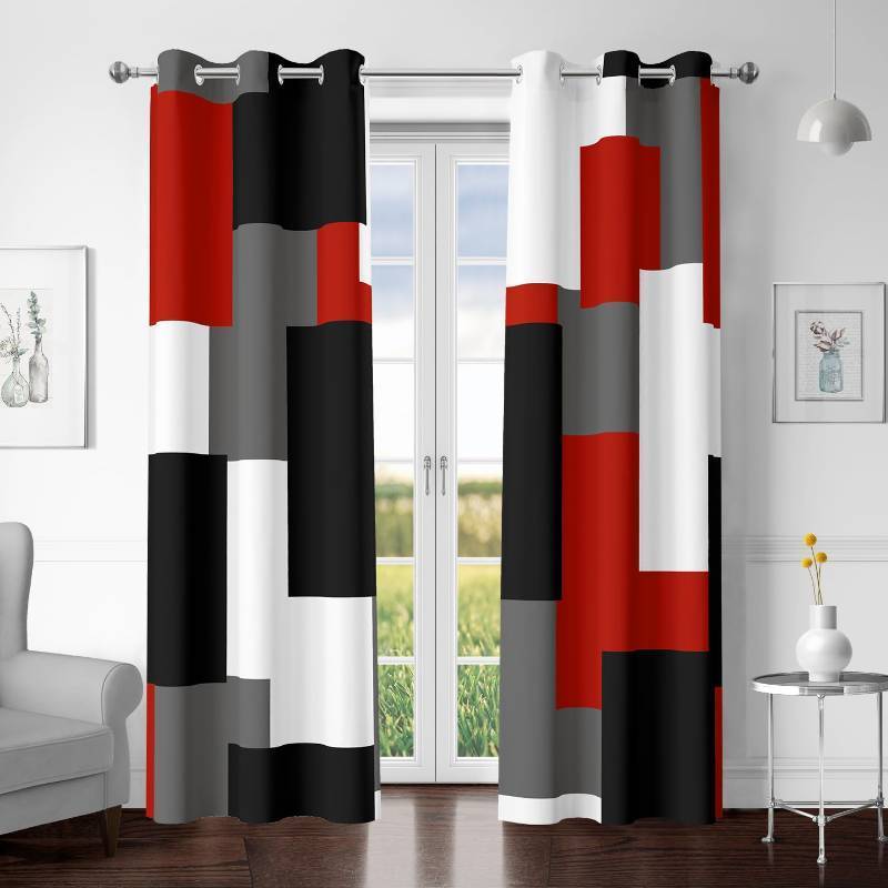 lot 2449 image: Tyrot Red Black 100% Blackout Curtains for Bedroom 63 inch Length 2 Panels Set White Grey Modern Abstract Geometric Black Out Curtains Insulated Room Darkening Window Drapes for Living Room, 42Wx63L