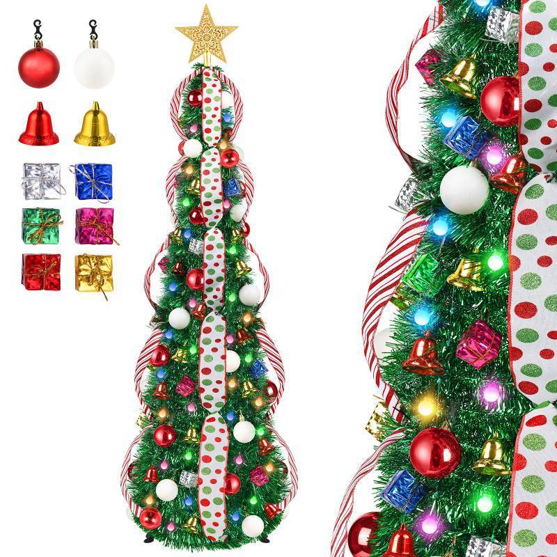 lot 4297 image: HUUIDY 5 FT Collapsible Pop Up Christmas Tree, Pre Lit Pencil Christmas Tree with Multi Color Change Lights and DIY 63 Ornaments, Pre Decorated Artificial Tree with Xmas Decor Home Indoor Party