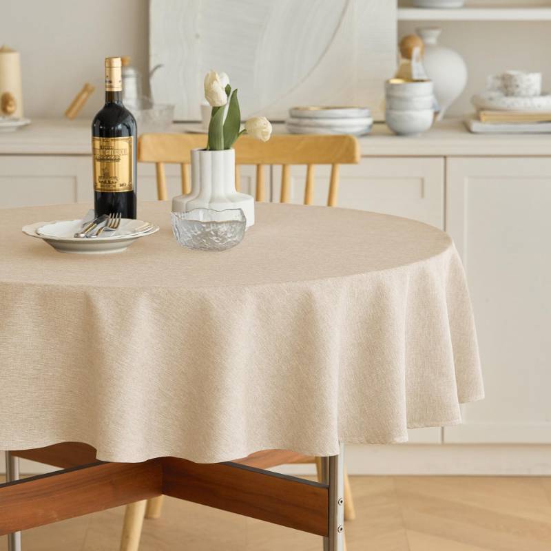 lot 4637 image: Decorelia Waterproof Round Tablecloth for Round Dining Table, Decorative Rustic Soft Wipeable Table Cloths Cover Indoor Outdoor Use for Holiday,Wedding, Kitchen (70 Inch,Round (4-6 Seats),Beige)