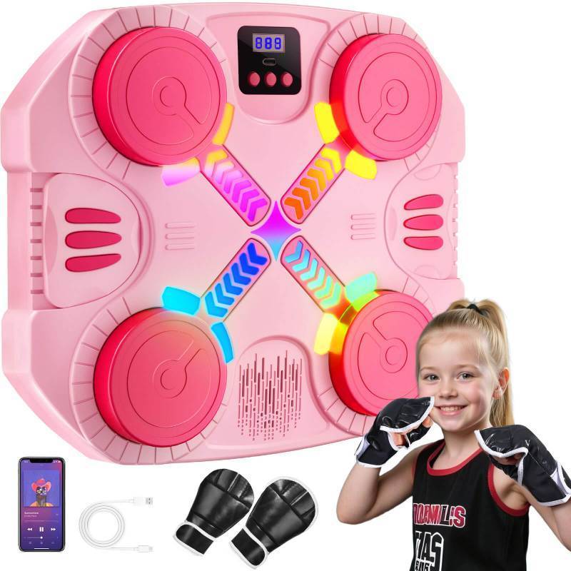 lot 4720 image: Music Boxing Machine for Kids, Wall-Mounted Bluetooth Punching Toy with Lights & Sound, Boxing Mchine with Gloves, Gift for Boys & Girls Ages 3 4 5 6 7 8 9 10 11 12 Years Old (Pink) ONLY ONE GLOVE