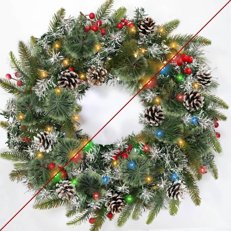 lot 4854 image: 24 Inch Lighted Christmas Wreath, Artificial Christmas Wreaths for Front Door with 50 Warm White&Multicolored Dual Color Lights Timer 8 Modes 15 Pinecones 14 Berries 190 Tips Xmas Indoor Outdoor Home