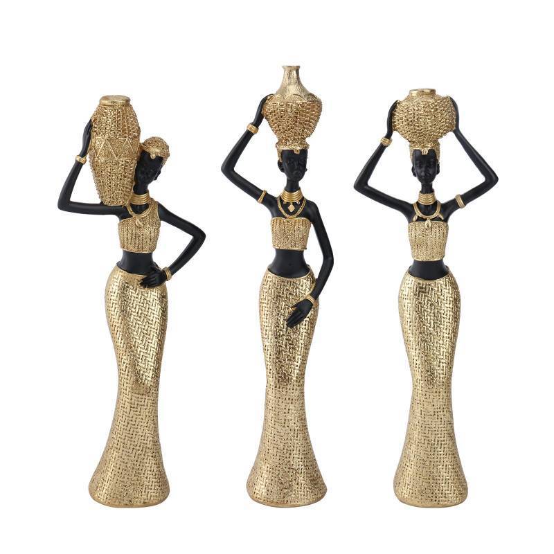 lot 5560 image: Dwelloria Set of 3 African Women Resin Figurines Black and Gold Tribal Lady Sculptures for Living Room, Shelf, Office or Entryway Decor, Modern Ethnic Home Decoration