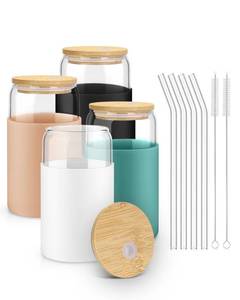 lot 8653 image: sungwoo Glass Cups with Lids and Straws, 4 Pack 16OZ Iced Coffee Cups with Silicone Sleeve, Glass Tumbler with Straw and Bamboo Lid, Home Essential Drinking Set for Juice, Cocktail and Latte 4 Colors