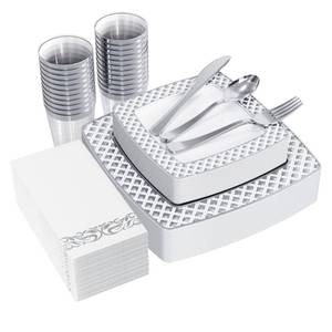 lot 8680 image: FOCUSLINE 175 Count Silver Dinnerware Set for 25 Guests, Disposable Square Plastic Plates with Diamond Rim, Includes 25 Dinner & Dessert Plates, Napkins, Cups, Cutlery Set for Wedding Parties