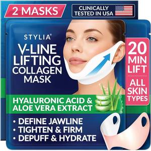 lot 8756 image: STYLIA V Line Lifting Collagen Mask - Lift, Firm & Contour Jawline - Tightening Double Chin Strap with Hyaluronic Acid & Aloe - Neck Tightening and Lifting Mask - Jawline Shaper Face Lift Tape (2PC)