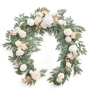 lot 8775 image: Lings moment Flower Garland - 6FT Eucalyptus & Rose - Sweetheart Table Decor for Wedding Reception, Artificial Silk Floral Garland for Mantle, Spring, Garden Christmas Decoration, White Beige