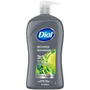 lot 8779 image: Dial Men 3 in 1 Body, Hair and Face Wash, Recharge, 32 Fl Oz, Cedar Leaf Scent, Cleanses Deep  Gentle on Skin with Clean Rinse Technology
