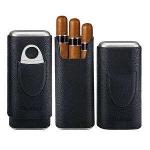 lot 8812 image: COOL KNIGHT Leather Cigar Case - Cedar Wood Lining Travel Humidors for Cigars - Cigar Accessories Include Stainless Steel Cigar Cutter - Cigar Gift Box for Cigar Lovers (Black)