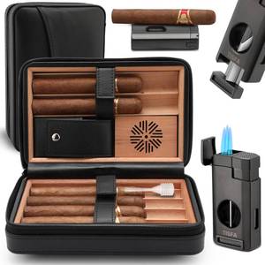 lot 8817 image: TISFA Cigar Humidor, Leather Cedar Wood Cigar Case with Cigar Lighter, V Cut Cigar Cutter, Cigar Holder 3 in 1, Portable Travel Cigar Humidor Box with Humidifier (Black) CUT ON CASE