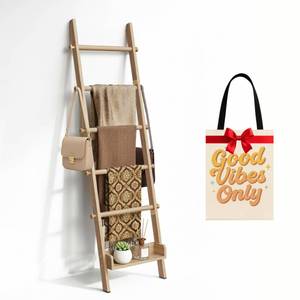 lot 8843 image: Surala Wooden Blanket Ladder for Living Room & Bedroom, 6-Tier Rustic Decorative Farmhouse Style Quilt Rack with Side Hooks, Wall Leaning Ladder Shelf for Bathroom with Bottom Display Storage, Natural