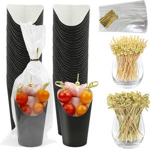 lot 8863 image: CAMKYDE 50 Sets Disposable Charcuterie Cups with Sticks and Bags, 12 oz Black Paper Snack Appetizers Cup French Fry Holder with Cocktail Picks Toothpicks (50 Cups50 Bags200 Sticks)