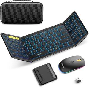 lot 8872 image: Samsers Foldable Keyboard and Mouse, Folding Bluetooth Keyboard Mouse Combo with Backlight, 2.4G  BT5.0 x 2, Full-Size Travel Keyboard & Portable Wireless Mouse for WindowsAndroidiOSMac OS, Black