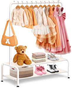 lot 8891 image: Kids Clothing Rack - Dress Up Clothes Rack - Baby Toddler Closet - Mini Freestanding Coat Racks with 2 Fabric Shelves - Small Kids Costume Wardrobe - Garment Rack for Hanging Clothes Organizer