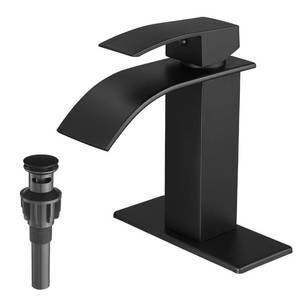 lot 8892 image: VOTON Black Bathroom Faucets Modern Waterfall Bathroom Sink Faucet Matte Black Single Handle Bathroom Faucet for 1 or 3 Holes with Deck Plate and Pop-Up Drain, Rv Sink Camper Farmhouse Bathroom Faucet