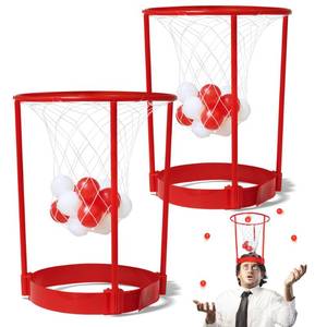 lot 8900 image: Novelty Place Head Basketball Hoop Party Game Set for Kids & Adults - Adjustable Basketball Headband with 20 Balls - Red & White