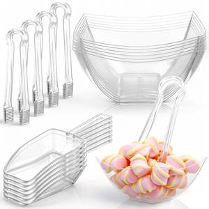 lot 8904 image: FoldTier 8oz 6 Clear Plastic Candy Bowls, 4 Scoops and 3Tongs Set Square Disposable Plastic Buffet Containers for Chip, Snacks Popcorn Candy Bar Birthday Party Supplies