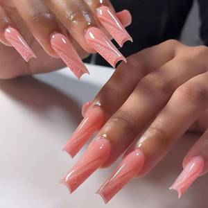 lot 8917 image: Pink Press on Nails Long Square BAOYAALIN, Cute Fake Nails with Glitter Design Gel Glue on Nails for Women Girls Full Cover Acrylic Artificial False Stick on Nail for Wedding 24Pcs in 12 Sizes