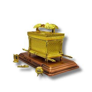 lot 8925 image: 3 ARCHES USA Gold Plated The Ark of The Covenant Figurine Model (7 x 4 x 5) with Contents - Aarons Rod, Manna, Ten Commandments - Detailed Replica Tabletop Decor