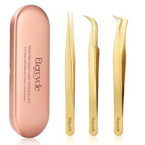 lot 8930 image: Etercycle High Precision Lash Tweezers Set - Includes 3 Stainless Steel Eyelash Tweezers for Classic Individual and Volume Lash Extensions. Complete with Storage Box