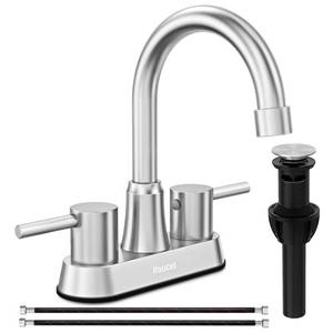 lot 8957 image: Bathroom Faucets, Bathroom Faucet 3 Hole, Bathroom Sink Faucet, Faucet for Sink 4 Inch 2 Handle Centerset, Lead-Free, with Copper Pop Up Drain (Brushed Nickel)