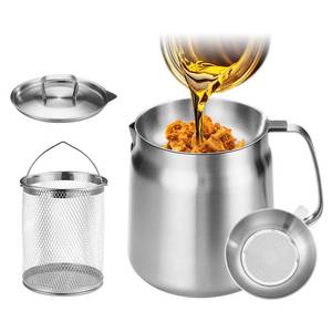 lot 8959 image: 119oz 304 Stainless Steel Deep Fryer Pot with Basket & Strainer, Large Capacity Bacon Grease Container for Kitchen,Frying, Cooking, Camping,Oil Filter Container - Dishwasher Safe (119oz3.5L3.7Qt)