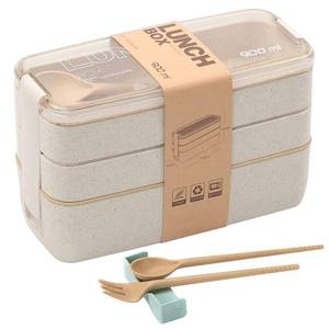 lot 8985 image: Rarapop Beige Stackable Bento Lunch Box Kit, 3-In-1 Compartment Wheat Straw Lunch Containers with Tableware, Reusable On-the-Go Meal and Snack Containers