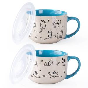 lot 8987 image: AmorArc 32 Ounces Ceramic Soup Mugs with Lids and Handle, Stoneware Bowls Cup Set of 2 for Soup, Stew, Noodle, Beautiful Mug Bowls With Lovely Dog,Cat Patterns, Microwave&Dishwasher Safe, Blue