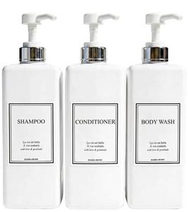 lot 8999 image: Shampoo and Conditioner Dispenser - Modern Design Large 27oz Shower Soap Dispenser Set of 3, Refillable Empty Plastic Pump Bottles for Bathroom, 6 Waterproof Labels Included, White & Silver
