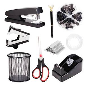 lot 9033 image: Black Desk Accessories, Office Supplies Set with Stapler, Tape Dispenser, Staple Remover, Pen Holder, Scissor, BinderPaper Clips, Ballpoint Pen, Clear Tape and 1000pcs Staples