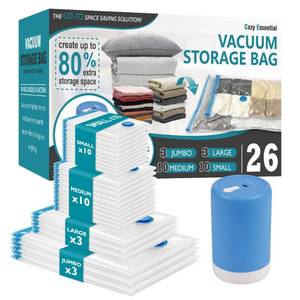 lot 9037 image: Cozy Essential Travel Vacuum Storage Bags with Rechargeable Cordless Electric Pump, Space Saver Bags for Luggage, Suitcase, Carry-On, for Clothes, Blankets, Comforters, Pillows, 26 Combo