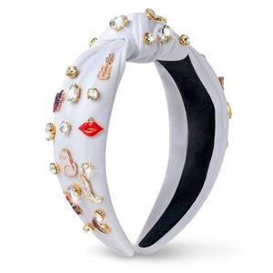 lot 9038 image: PANTIDE Music Jeweled Knotted Headband - Singer Fans Gift Guitar Red Lip Rhinestone Crystal Embellished Headband Wide Top Knot Fashion Hairband Birthday Back To School Gift for Women Girls (White)