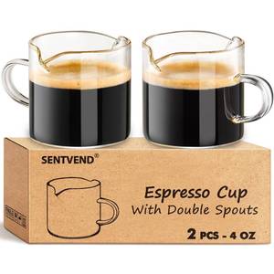 lot 9044 image: Espresso Cups Set of 2, 4 Oz Espresso Shot Glass with Handle Double Spout Cups Clear Glass Milk Cup Coffee Accessories Great for Making Coffee Desserts Salad Dressing