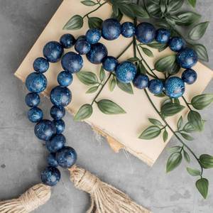 lot 9053 image: Handcrafted Farmhouse Wooden Decorative Beads Garland, Table Tray Boho Wood Beads with Tassel, Small Rustic Antique Decor for Home and Events ( Rustic Blue)
