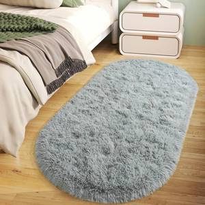 lot 9063 image: Soft Fluffy Area Rug for Bedroom, Grey Fuzzy Shaggy Oval Throw Rugs for Bedside, Non-Slip Cozy Plush Shag Carpet for Kids Room Nursery Dorm Living Room, 2.6 x 5.3 Feet