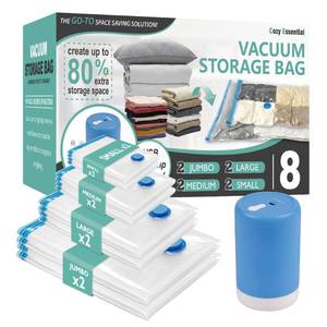 lot 9066 image: Cozy Essential Travel Vacuum Storage Bags with Rechargeable Cordless Electric Pump, Space Saver Bags for Luggage, Suitcase, Carry-On, for Clothes, Blankets, Comforters, Pillows, 8 Combo