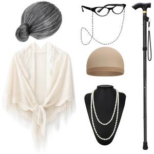 lot 9079 image: Santoy Old Grandma Wig Costume Set for Women and Girls - Perfect for 100 Days of School, Halloween Cosplay, Includes Lady Granny Gray Wig, Cane and Other Accessories for Adults and Kids
