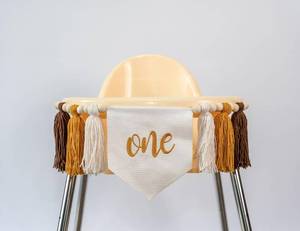 lot 9126 image: Boho Sun Tassel Highchair Banner - Boho Garland with Wood Bead, Yarn, Neutral Decorations, 1st Birthday High Chair Banner (Sun Brown)